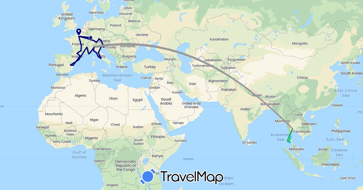 TravelMap itinerary: driving, bus, plane, train, boat in Austria, Germany, Spain, France, Italy, Monaco, Thailand (Asia, Europe)